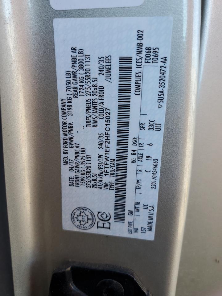 2017 Ford F150 Supercrew VIN: 1FTFW1EF2HFC15027 Lot: 90786905