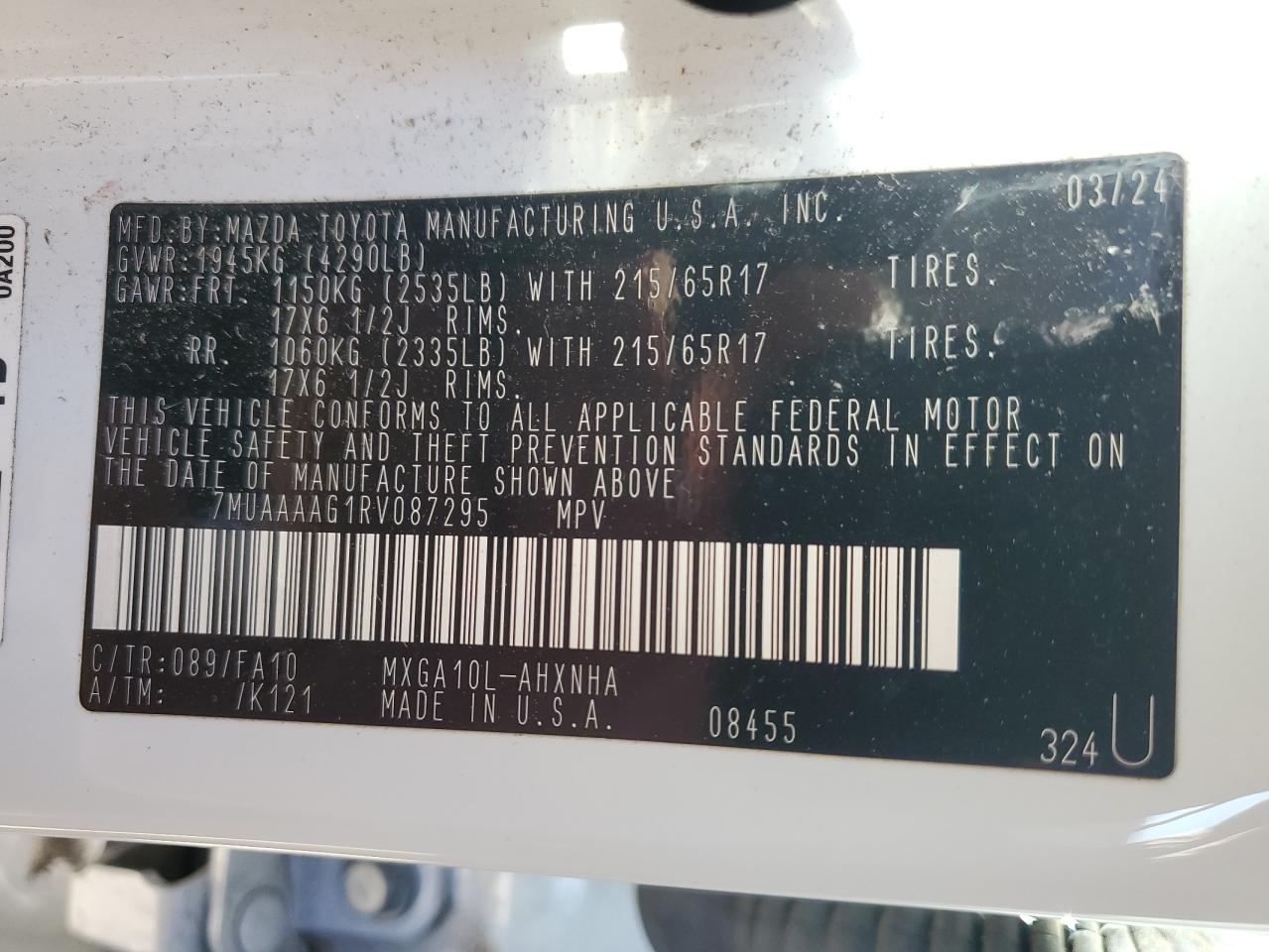 2024 Toyota Corolla Cross L VIN: 7MUAAAAG1RV087295 Lot: 93099935