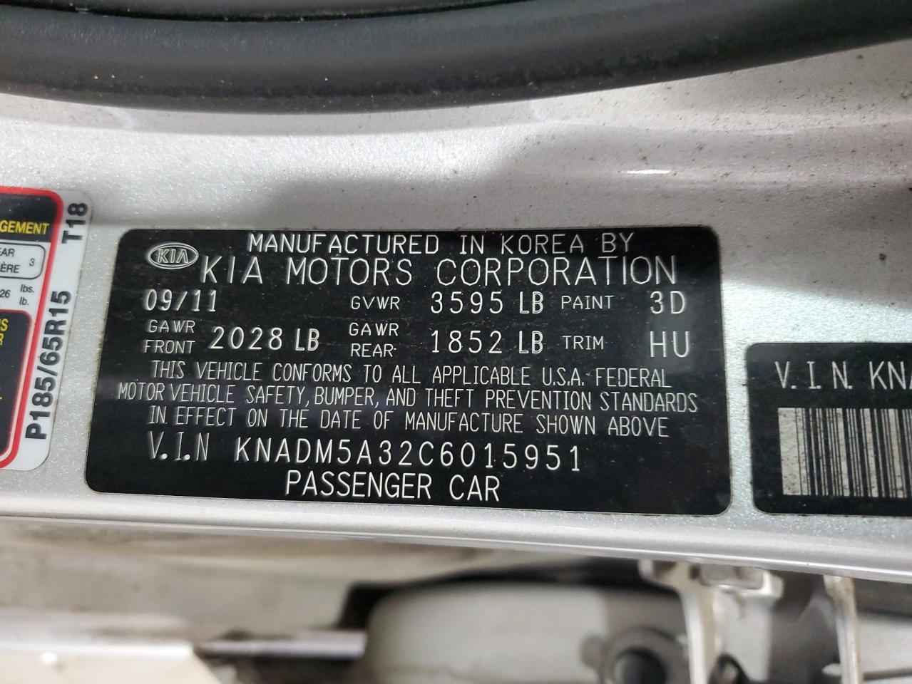 2012 Kia Rio Lx VIN: KNADM5A32C6015951 Lot: 93365005