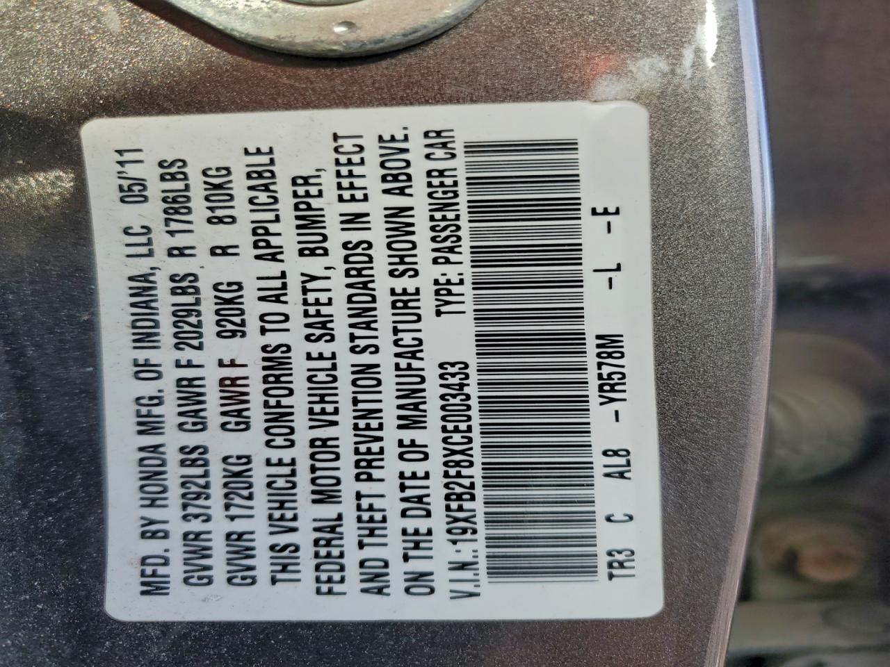 2012 Honda Civic Ex VIN: 19XFB2F8XCE003433 Lot: 93771295