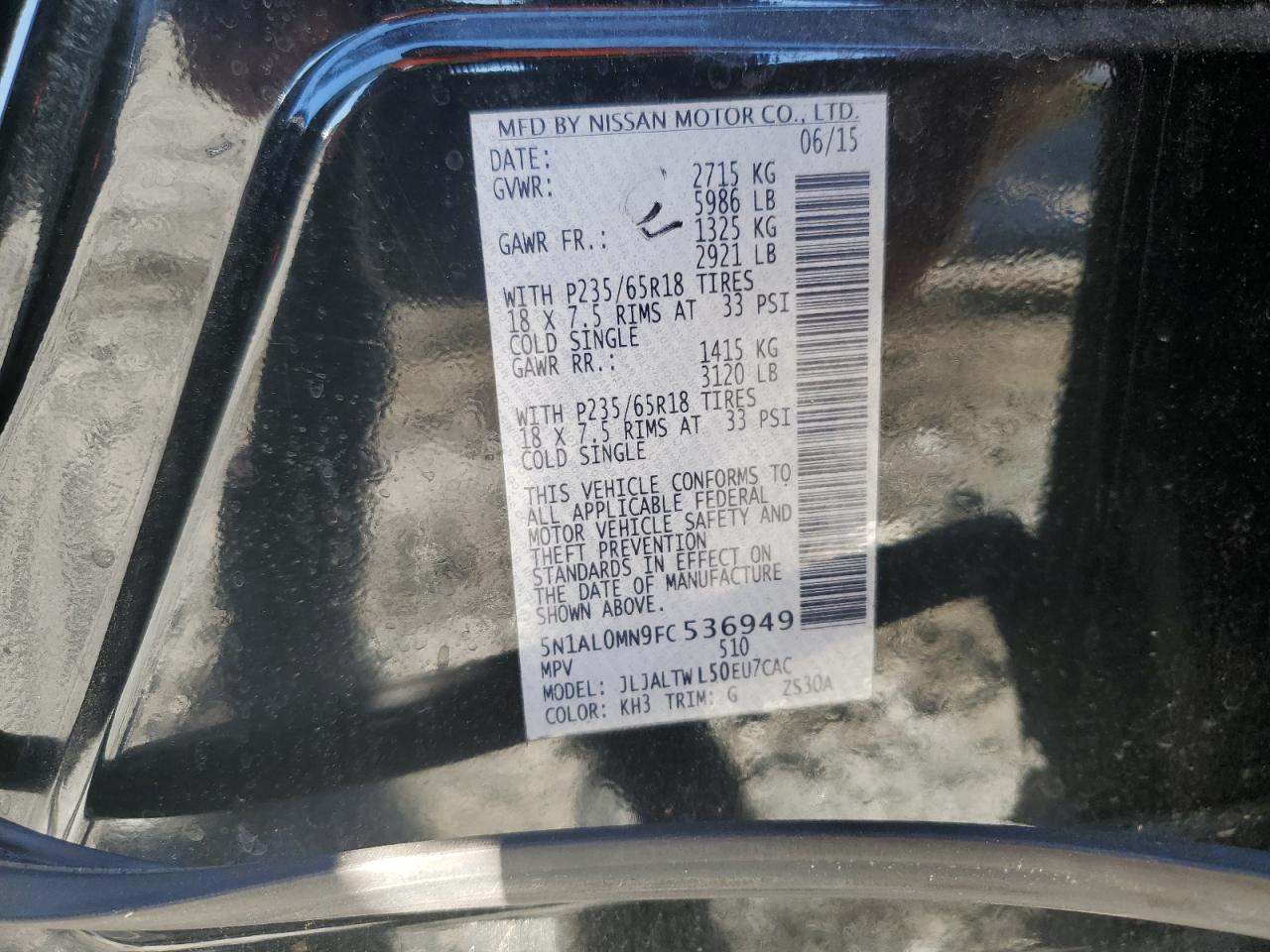 2015 Infiniti Qx60 VIN: 5N1AL0MN9FC536949 Lot: 91198435