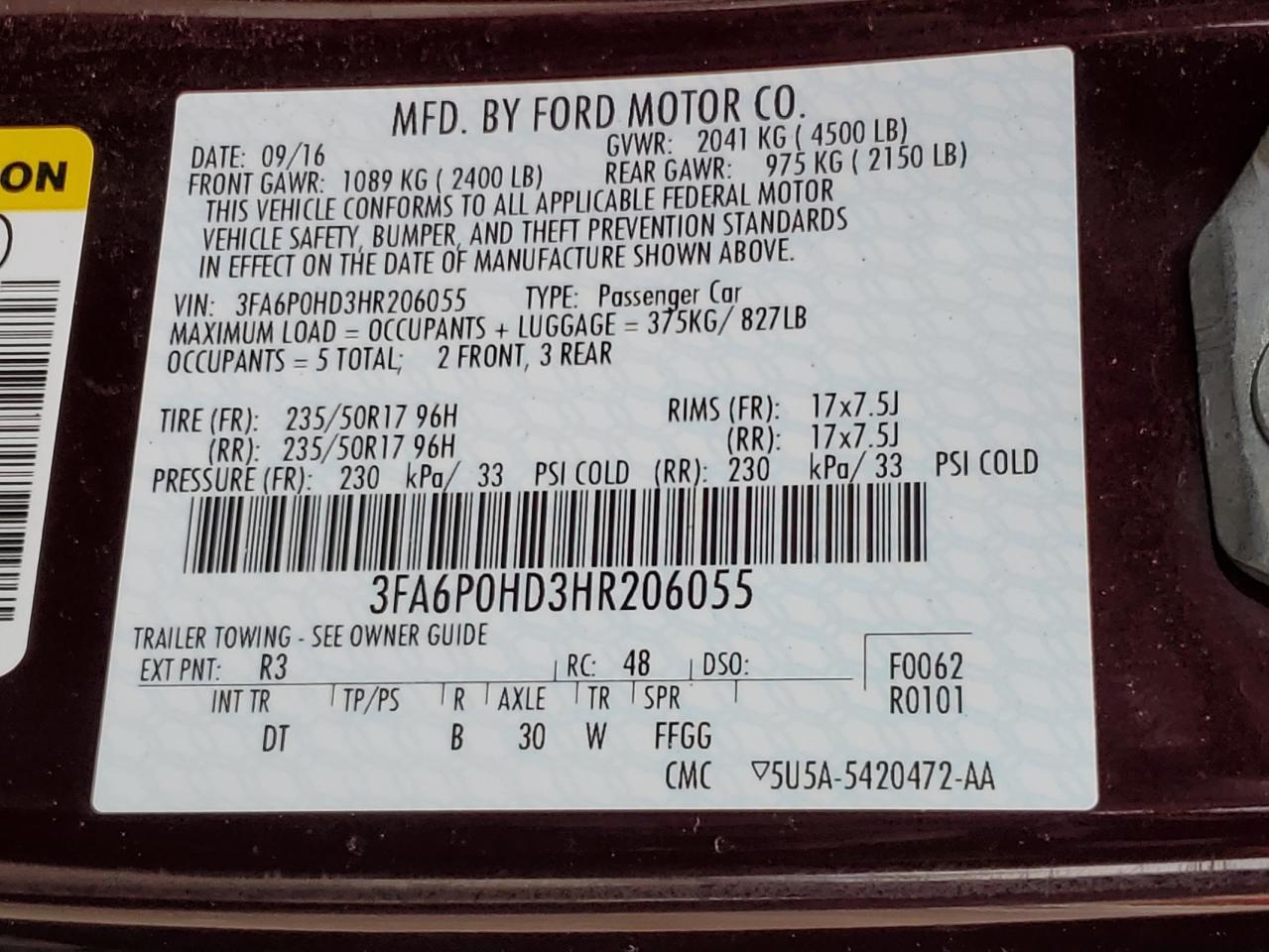 2017 Ford Fusion Se VIN: 3FA6P0HD3HR206055 Lot: 92218445