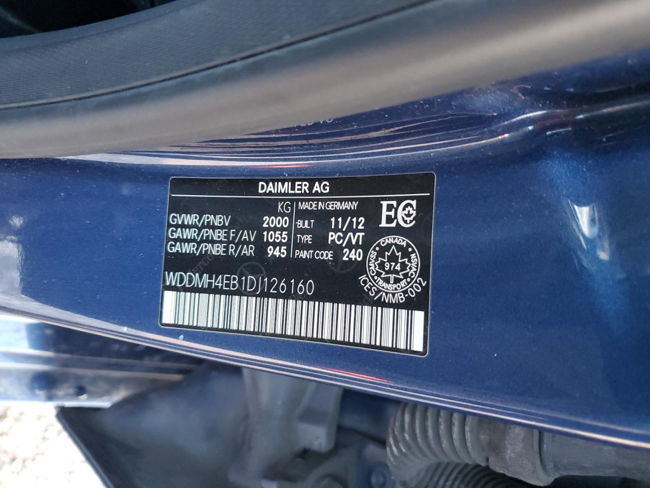 2013 Mercedes-Benz B250 VIN: WDDMH4EB1DJ126160 Lot: 91975305