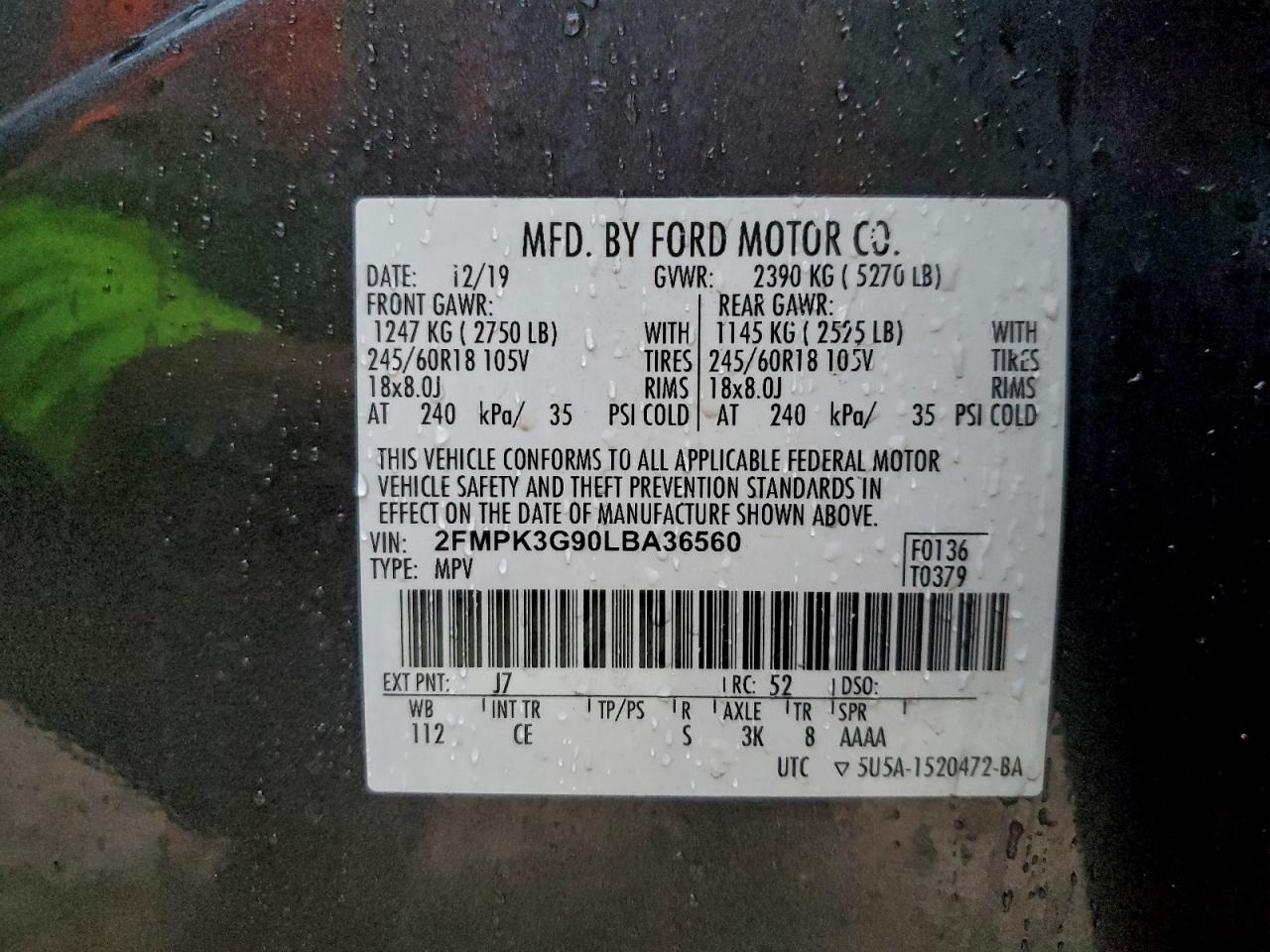 2020 Ford Edge Se VIN: 2FMPK3G90LBA36560 Lot: 93697135