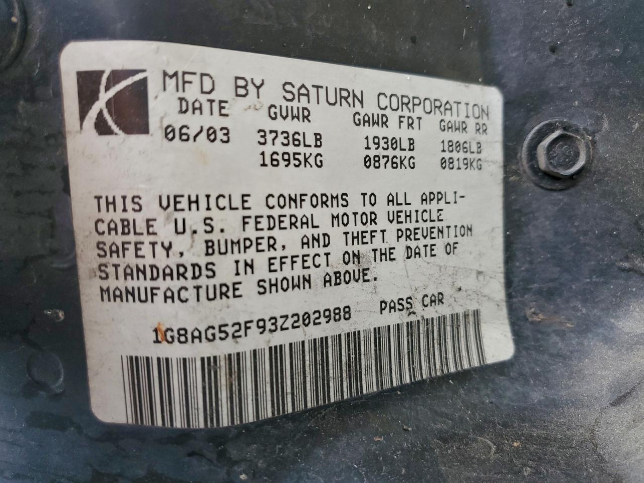 2003 Saturn Ion Level 1 VIN: 1G8AG52F93Z202988 Lot: 91428745