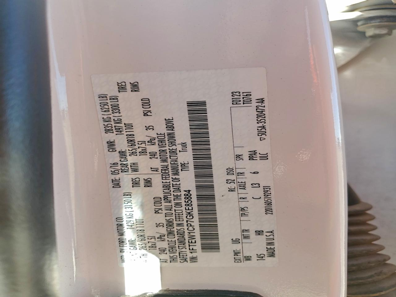 2016 Ford F150 Supercrew VIN: 1FTEW1CP7GKE85884 Lot: 94231215