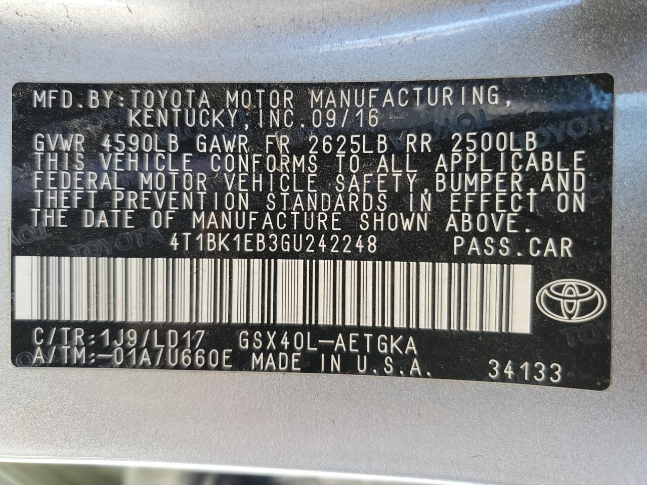 2016 Toyota Avalon Xle VIN: 4T1BK1EB3GU242248 Lot: 92196615