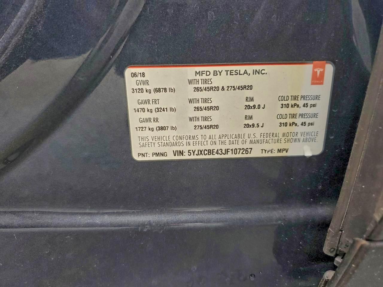 2018 Tesla Model X VIN: 5YJXCBE43JF107267 Lot: 93948375