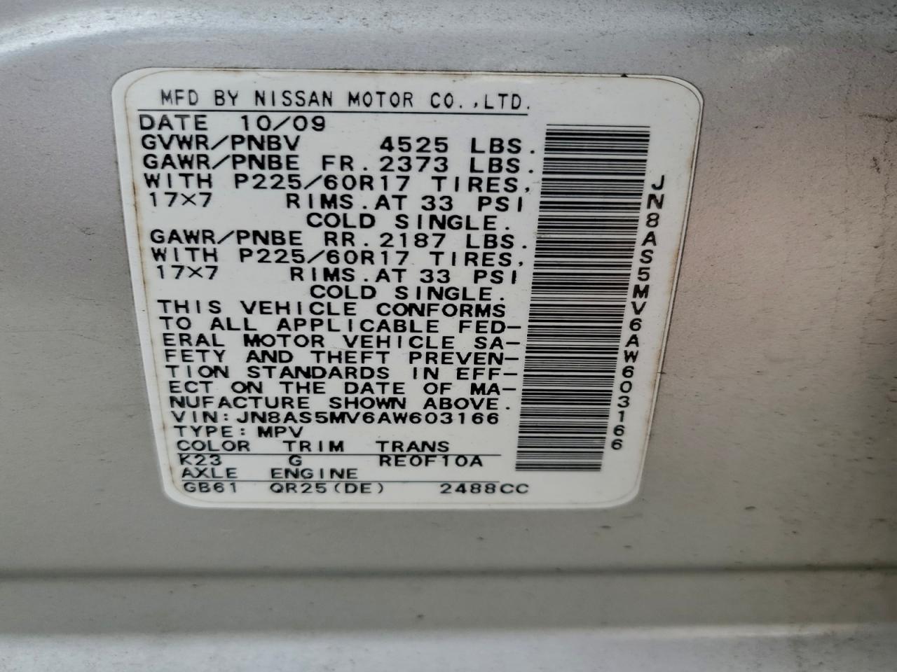 2010 Nissan Rogue S VIN: JN8AS5MV6AW603166 Lot: 94452875