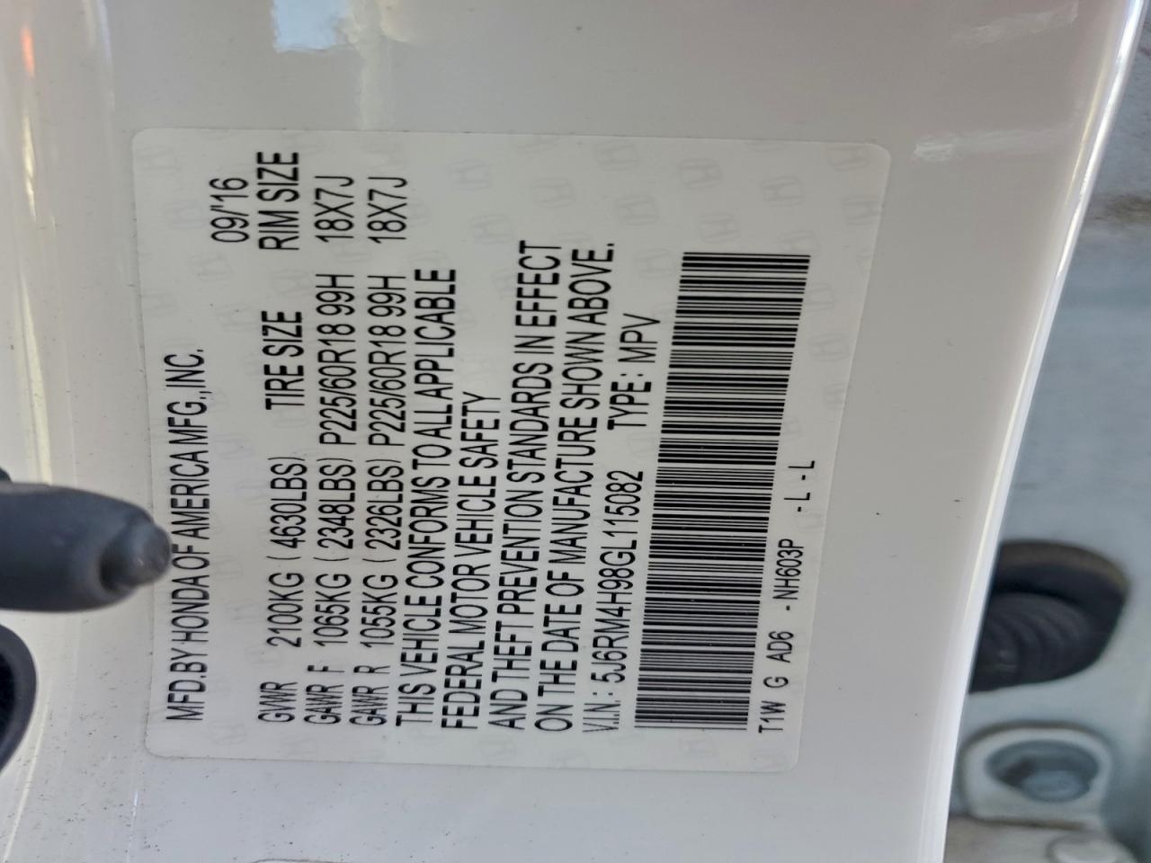 2016 Honda Cr-V Touring VIN: 5J6RM4H98GL115082 Lot: 93873405