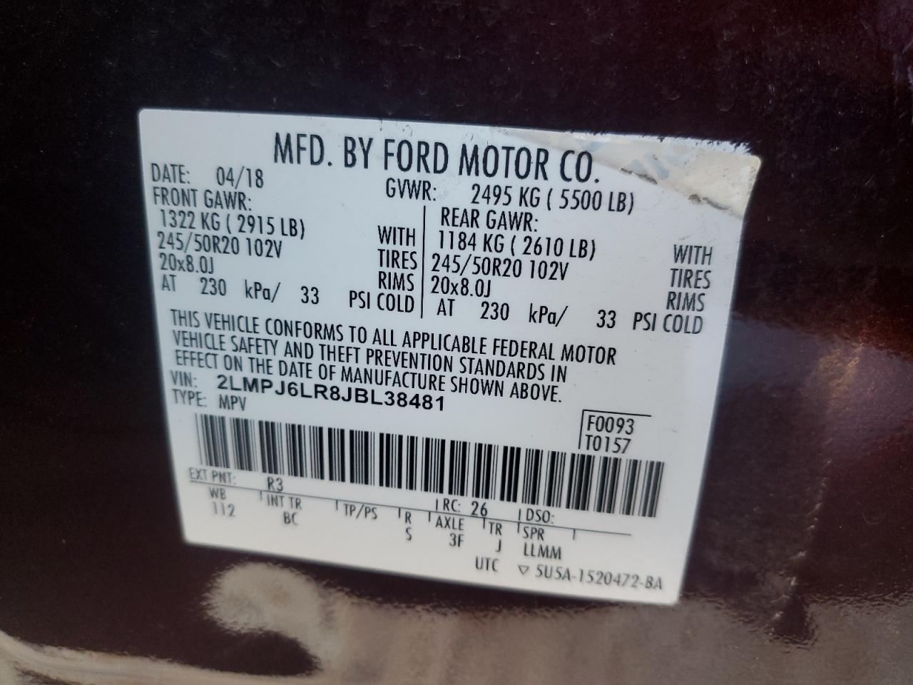 2018 Lincoln Mkx Reserve VIN: 2LMPJ6LR8JBL38481 Lot: 91046805