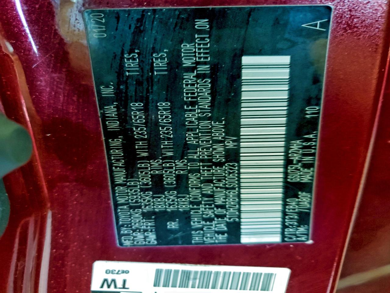 2020 Toyota Highlander Xle VIN: 5TDHZRBH6LS006323 Lot: 94240145