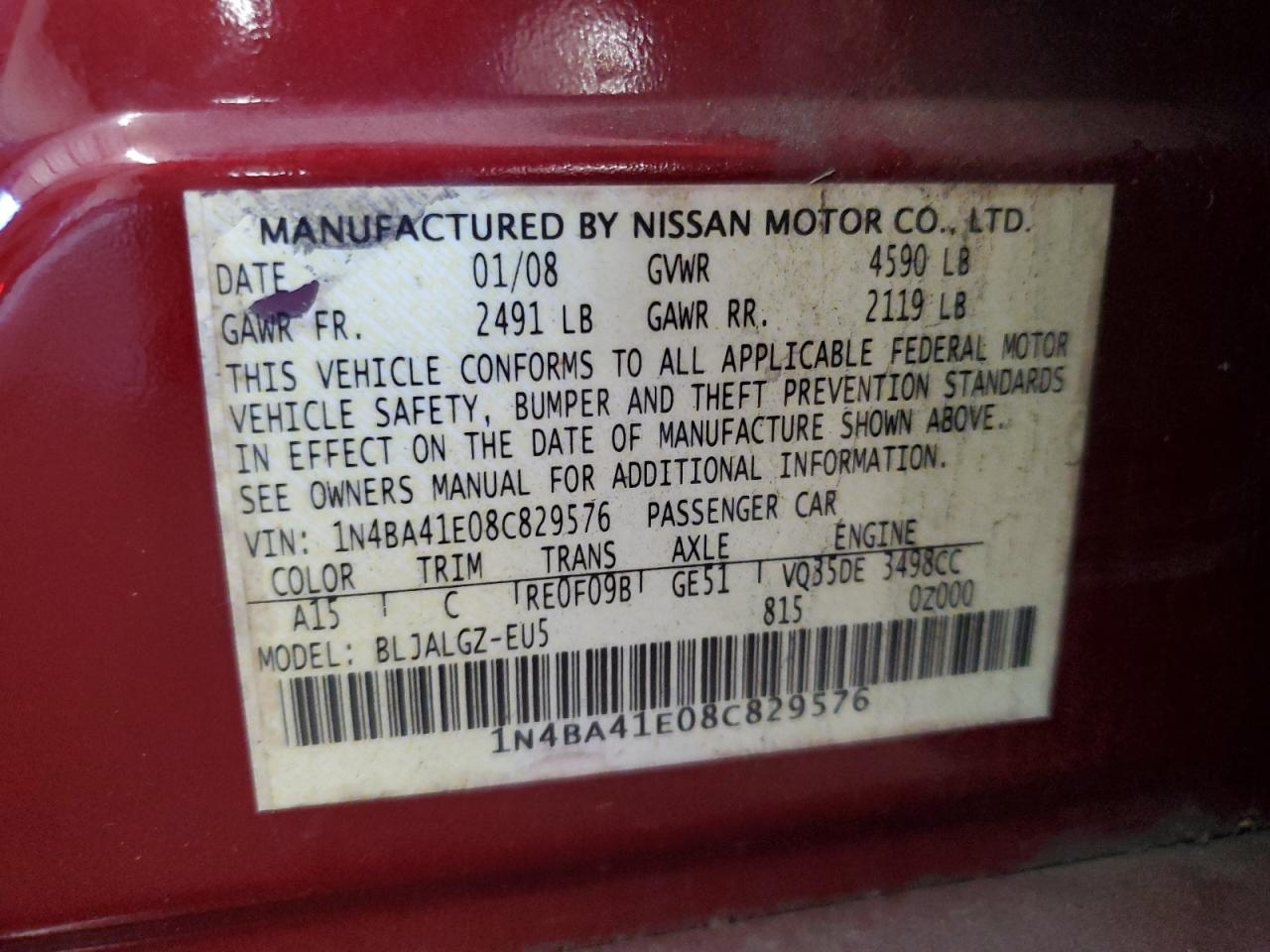 2008 Nissan Maxima Se VIN: 1N4BA41E08C829576 Lot: 91668425