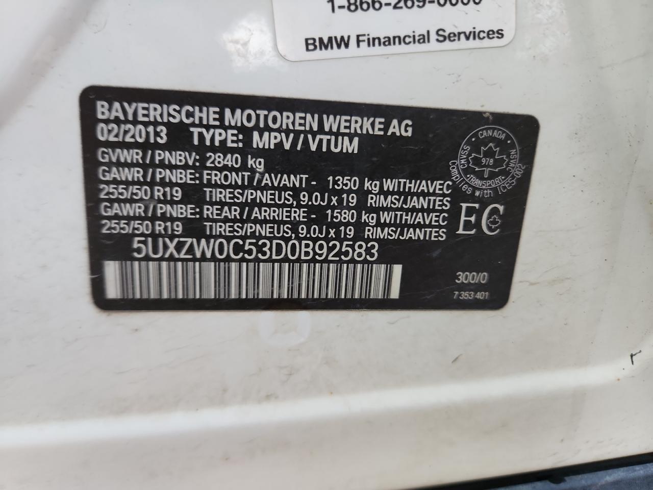 2013 BMW X5 xDrive35D VIN: 5UXZW0C53D0B92583 Lot: 93319855