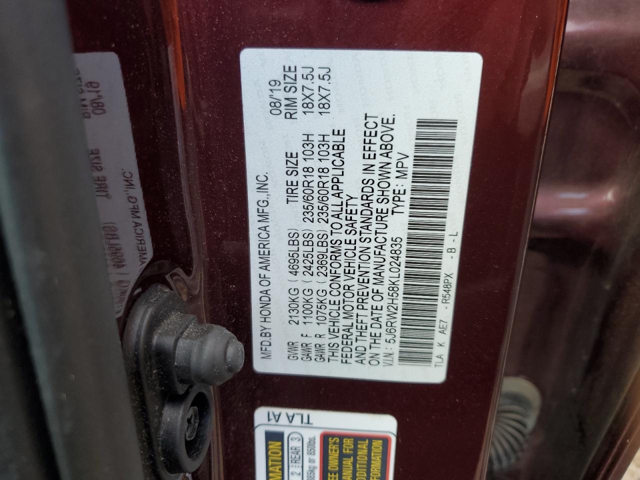 2019 Honda Cr-V Ex VIN: 5J6RW2H58KL024835 Lot: 92095215