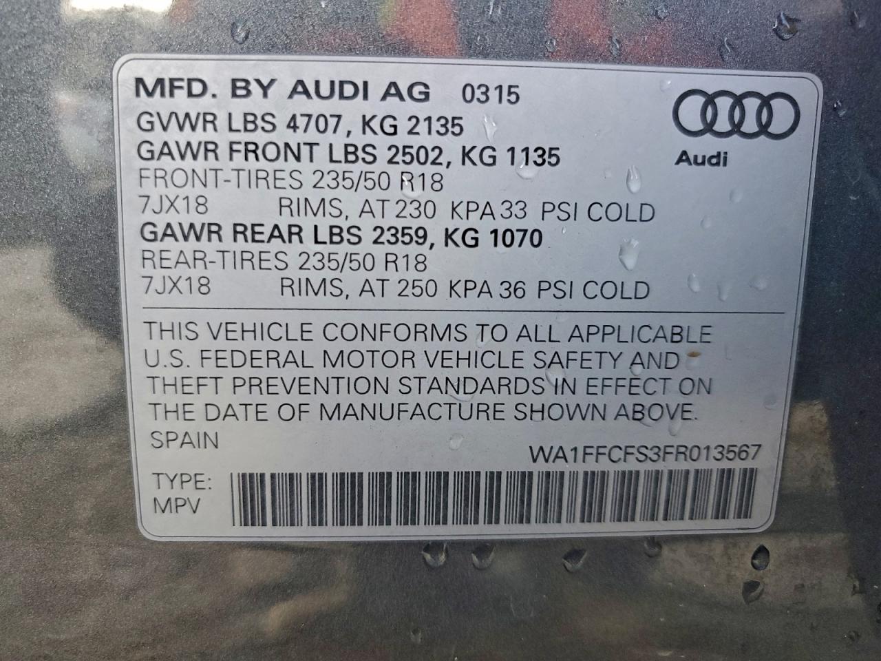 2015 Audi Q3 Prestige VIN: WA1FFCFS3FR013567 Lot: 94406705