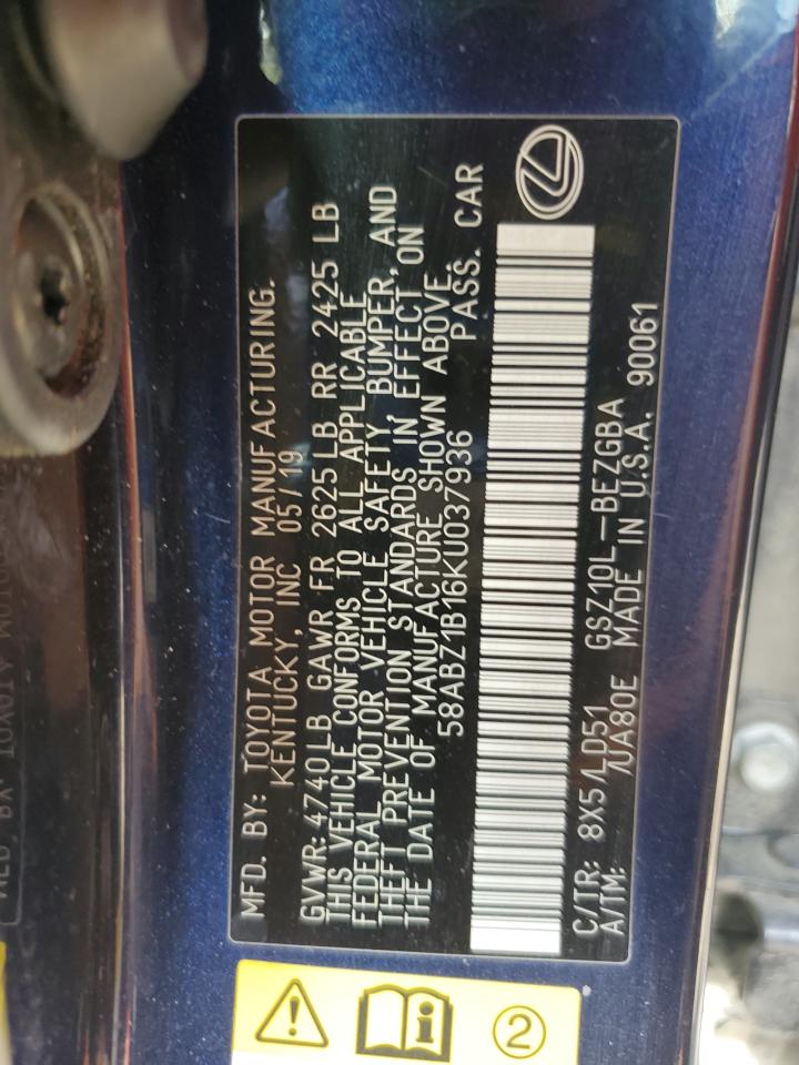 2019 Lexus Es 350 VIN: 58ABZ1B16KU037936 Lot: 93009755