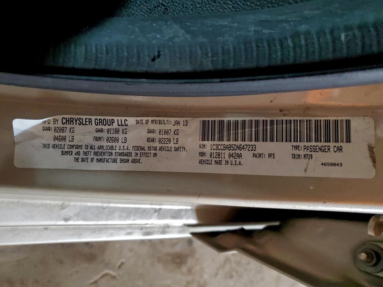 2013 Chrysler 200 Lx VIN: 1C3CCBAB5DN647233 Lot: 93507255