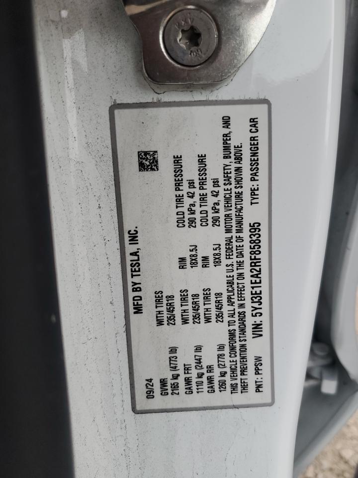 2024 Tesla Model 3 VIN: 5YJ3E1EA2RF858395 Lot: 93089255