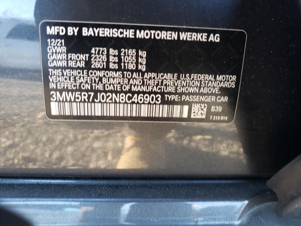 2022 BMW 330Xi VIN: 3MW5R7J02N8C46903 Lot: 92619465