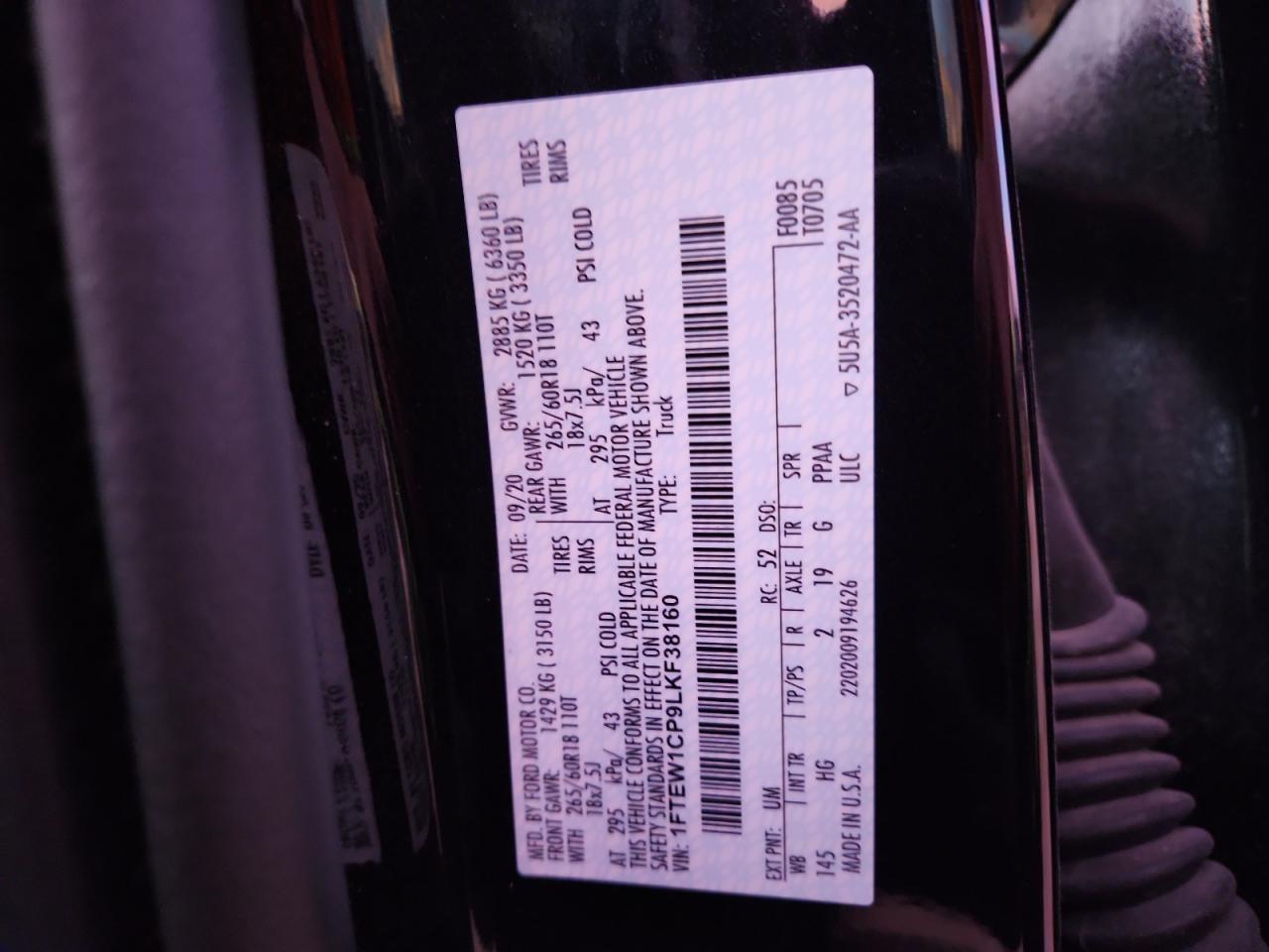 2020 Ford F150 Supercrew VIN: 1FTEW1CP9LKF38160 Lot: 90616325