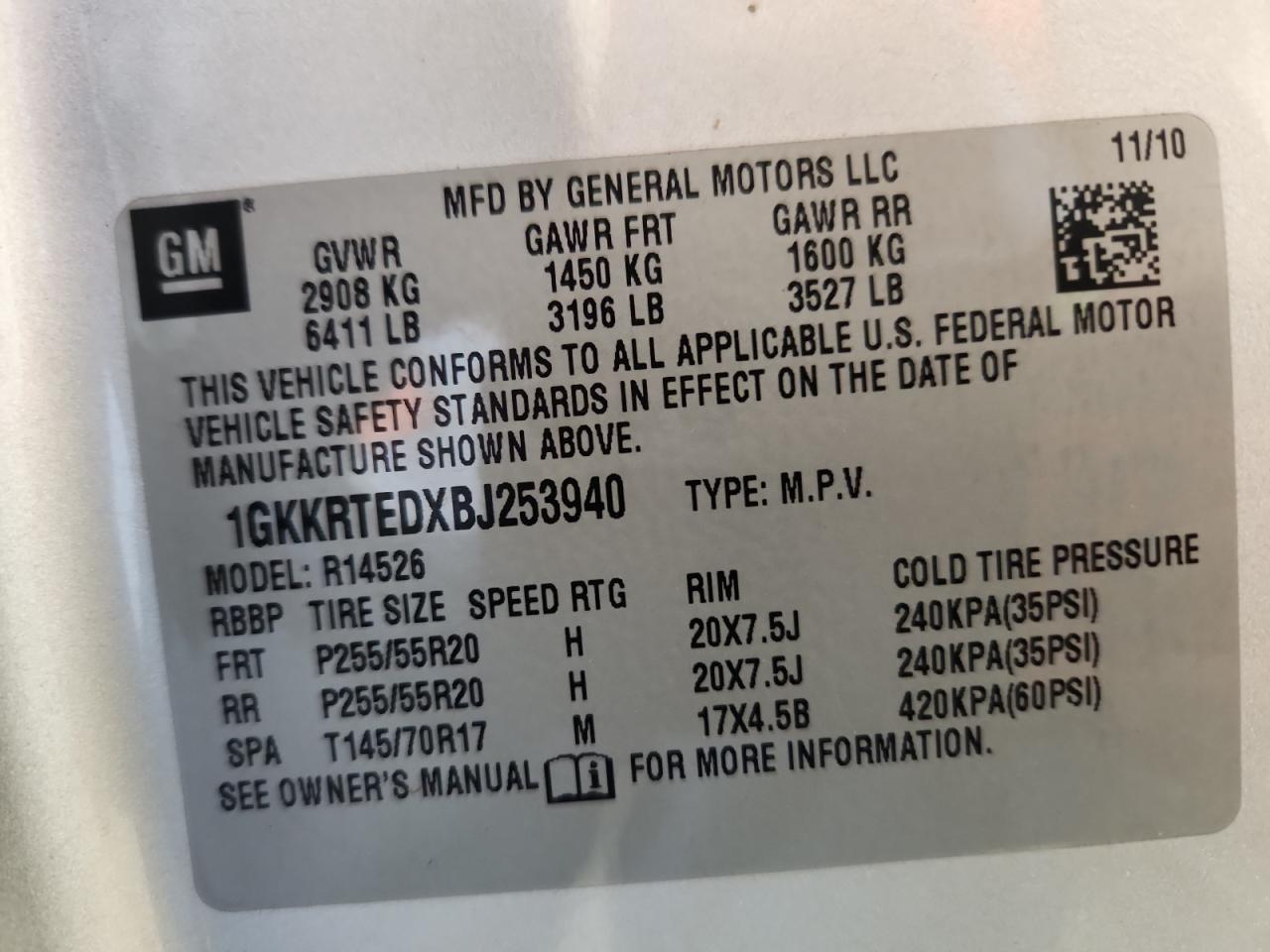 2011 GMC Acadia Denali VIN: 1GKKRTEDXBJ253940 Lot: 92346695