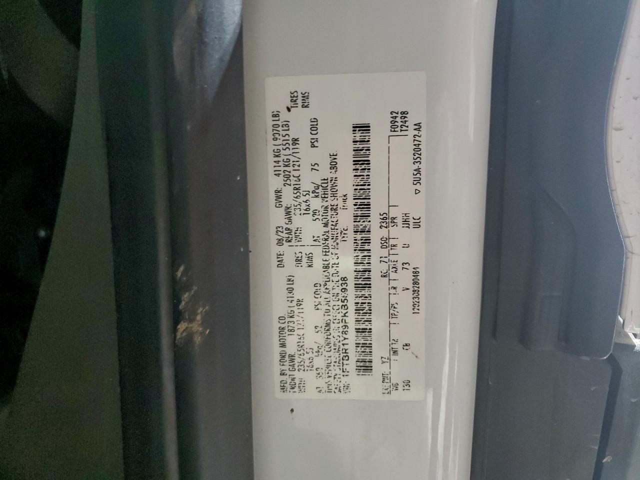 2023 Ford Transit T-250 VIN: 1FTBR1Y89PKB56938 Lot: 93064835