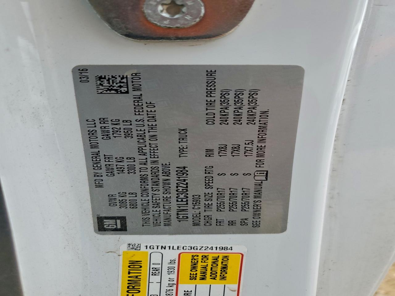 2016 GMC Sierra C1500 VIN: 1GTN1LEC3GZ241984 Lot: 93046945