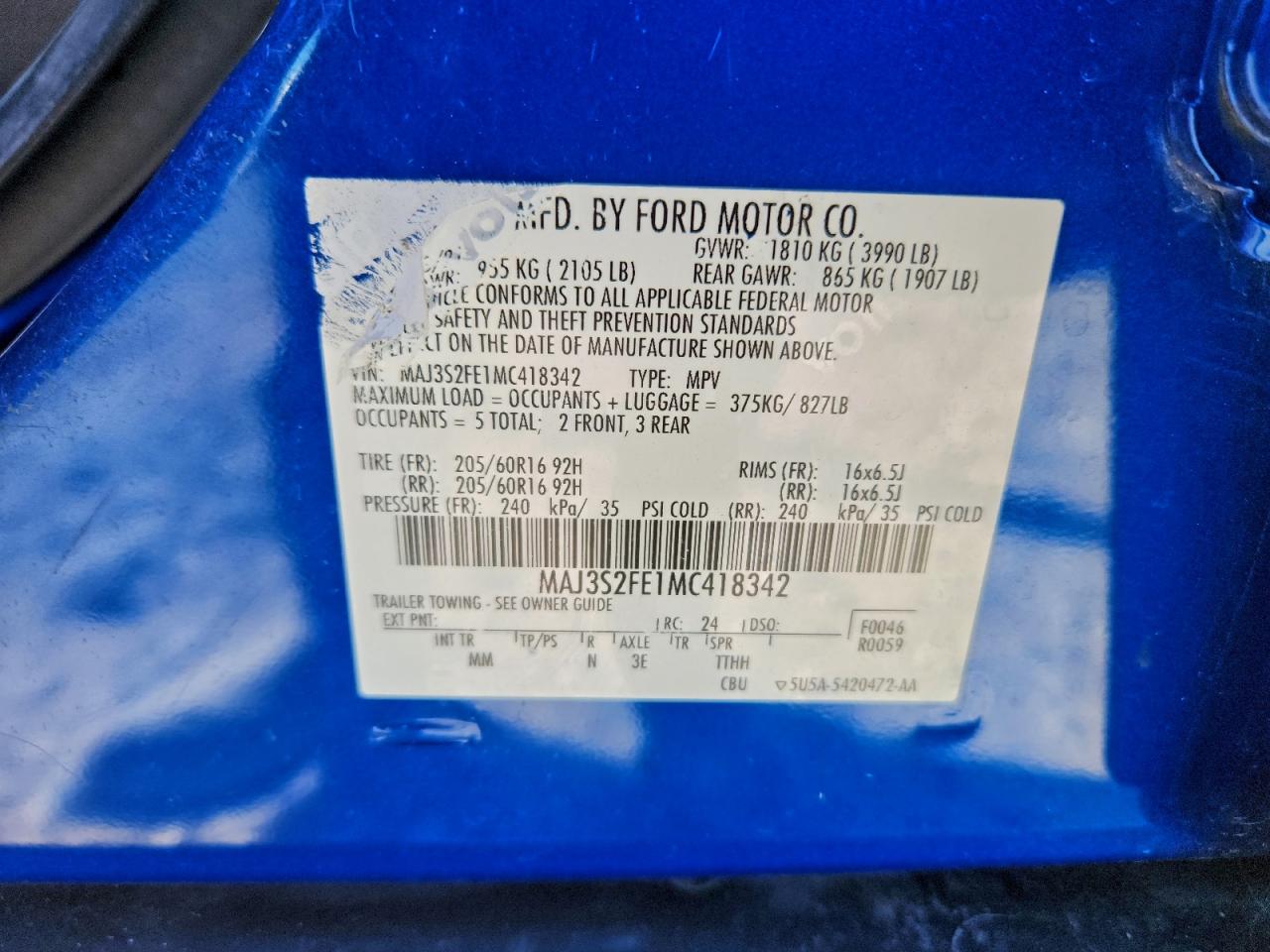 2021 Ford Ecosport S VIN: MAJ3S2FE1MC418342 Lot: 94569395