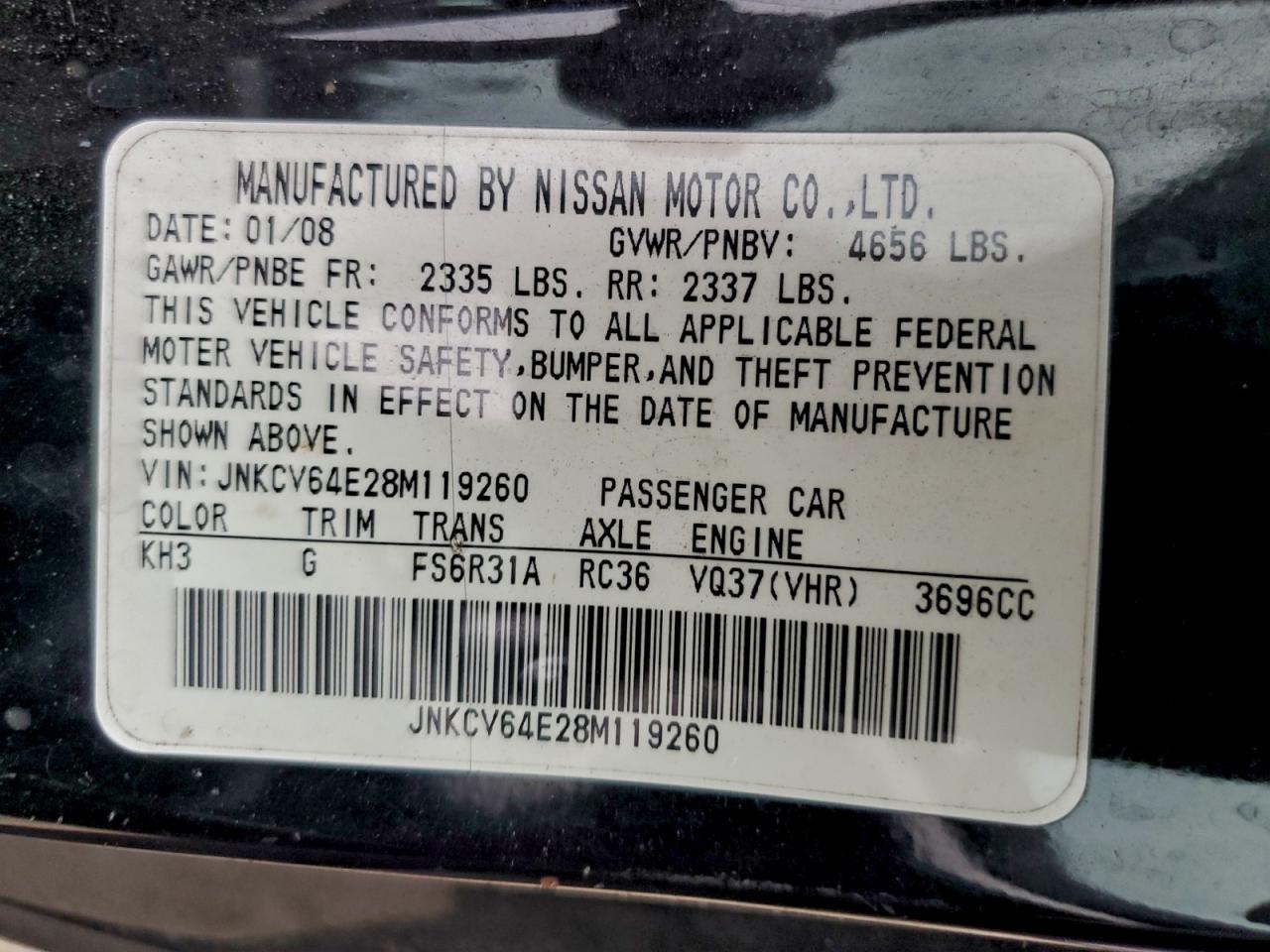 2008 Infiniti G37 Base VIN: JNKCV64E28M119260 Lot: 93442035