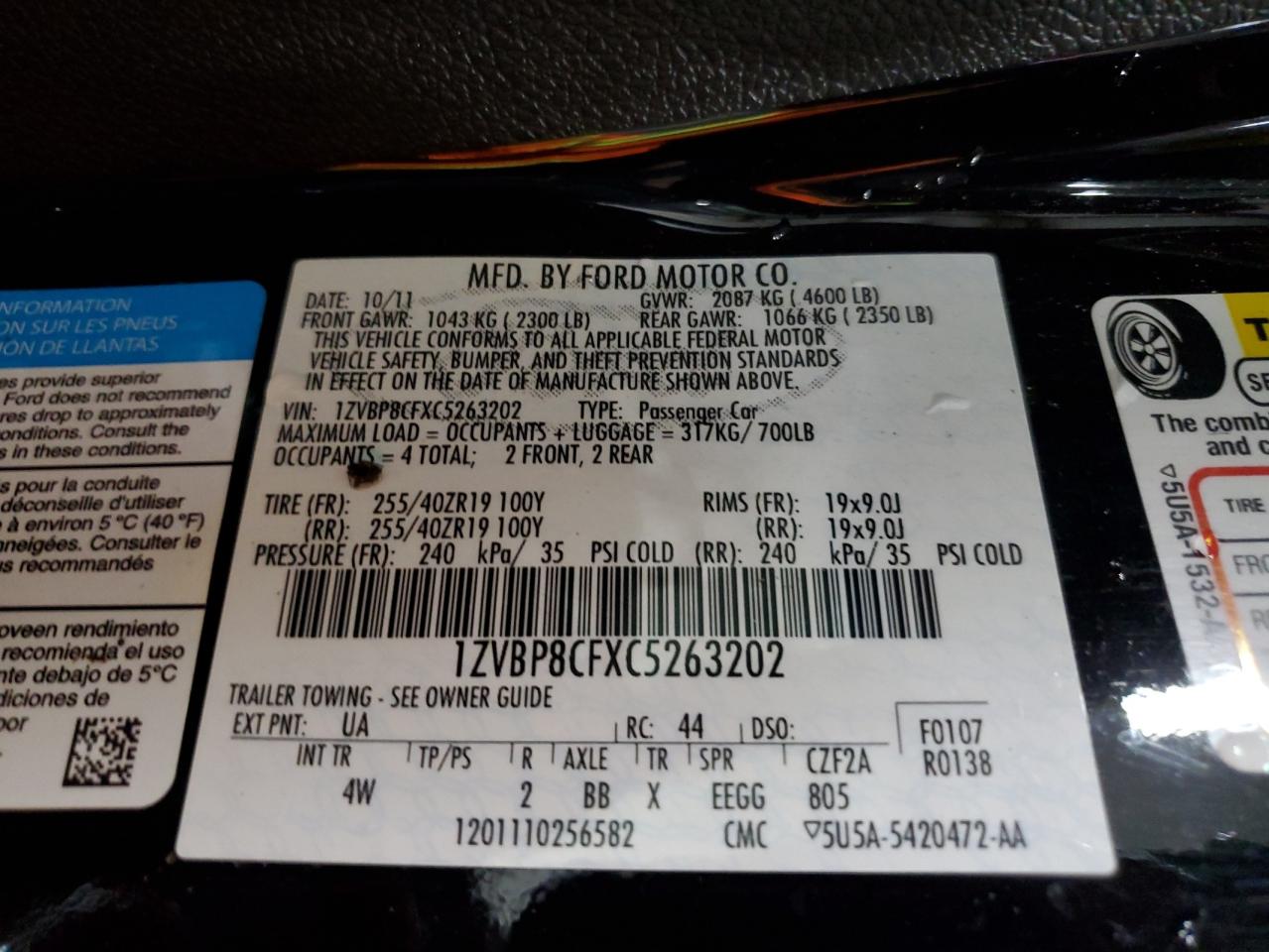 2012 Ford Mustang Gt VIN: 1ZVBP8CFXC5263202 Lot: 92272685