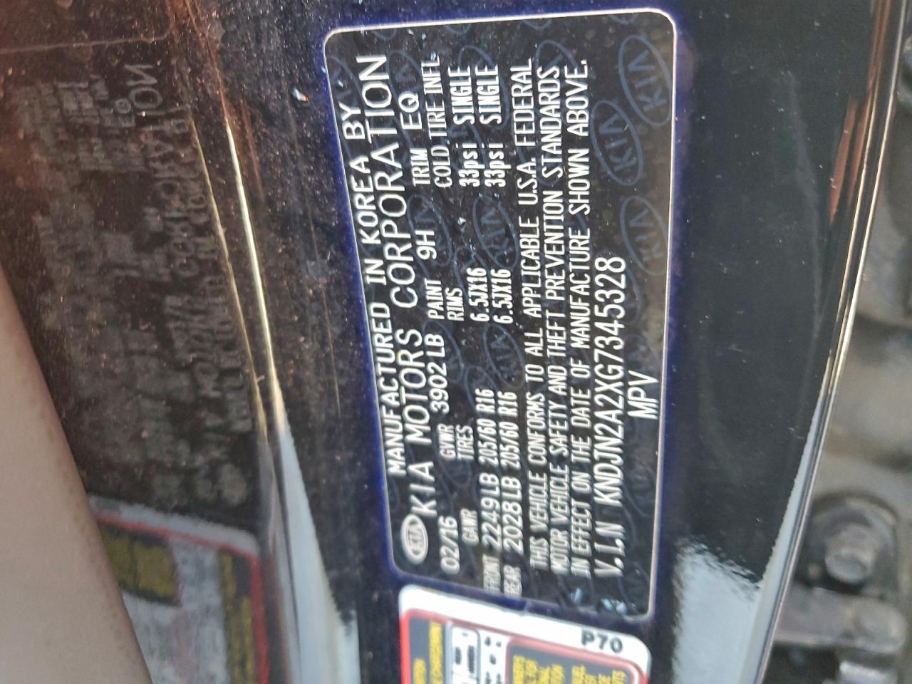 2016 Kia Soul VIN: KNDJN2A2XG7345328 Lot: 94516485