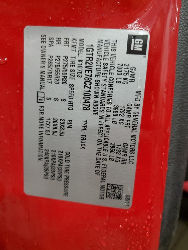 2012 GMC Sierra K1500 Sle VIN: 1GTR2VE78CZ100478 Lot: 92114095