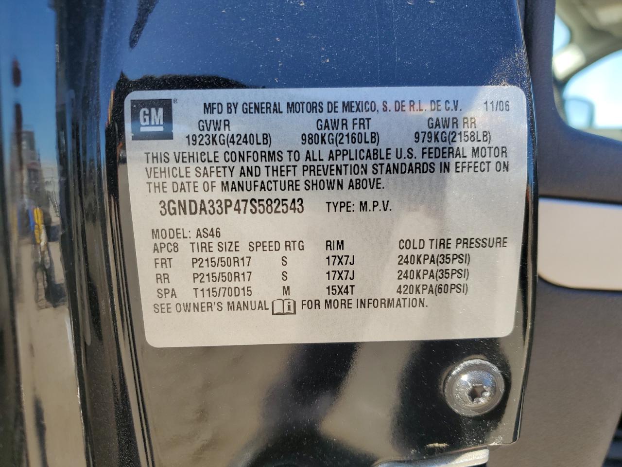 2007 Chevrolet Hhr Lt VIN: 3GNDA33P47S582543 Lot: 90758425