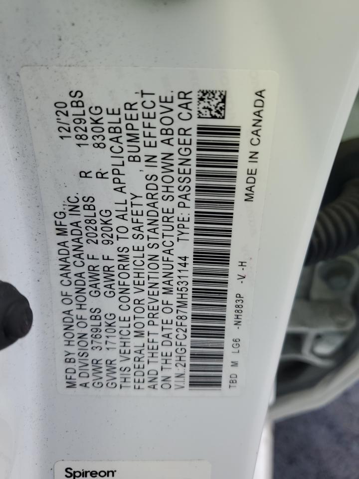 2021 Honda Civic Sport VIN: 2HGFC2F87MH531144 Lot: 91614525