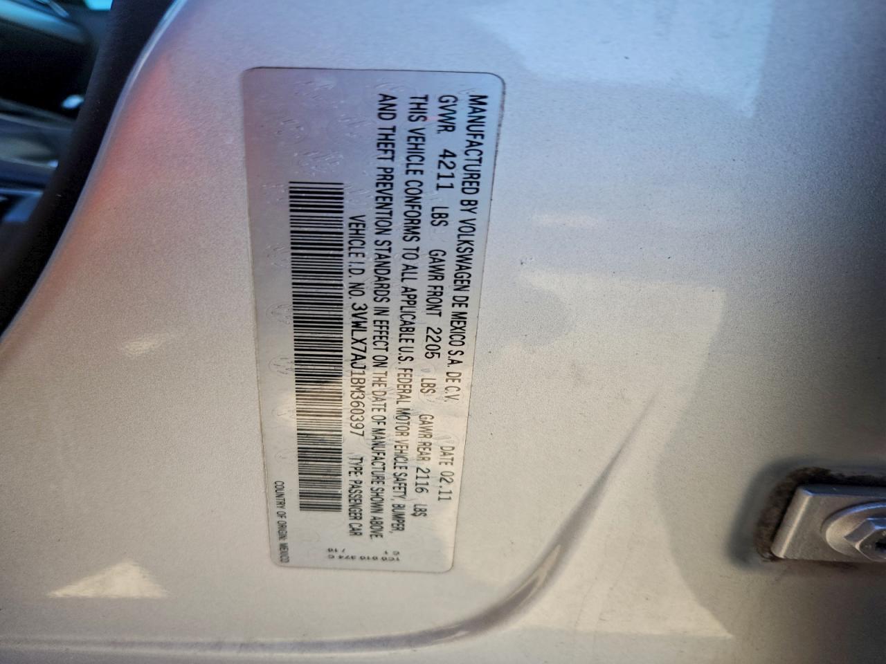 2011 Volkswagen Jetta Sel VIN: 3VWLX7AJ1BM360397 Lot: 94114605