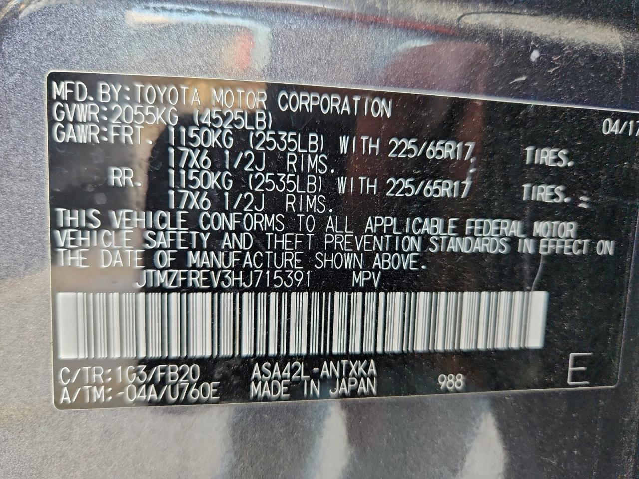 2017 Toyota Rav4 Le VIN: JTMZFREV3HJ715391 Lot: 94495005