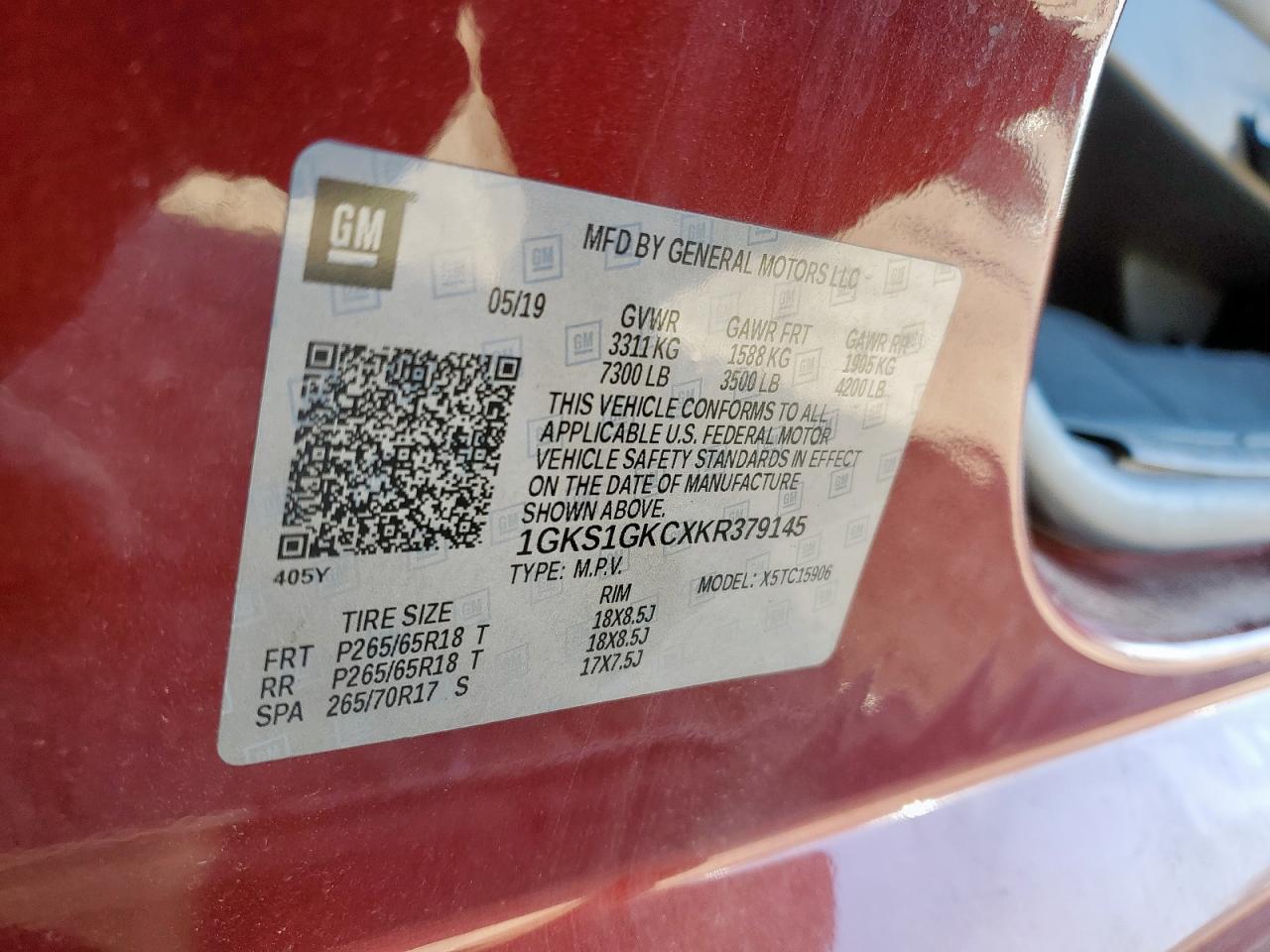 2019 GMC Yukon Xl C1500 Slt VIN: 1GKS1GKCXKR379145 Lot: 90722375