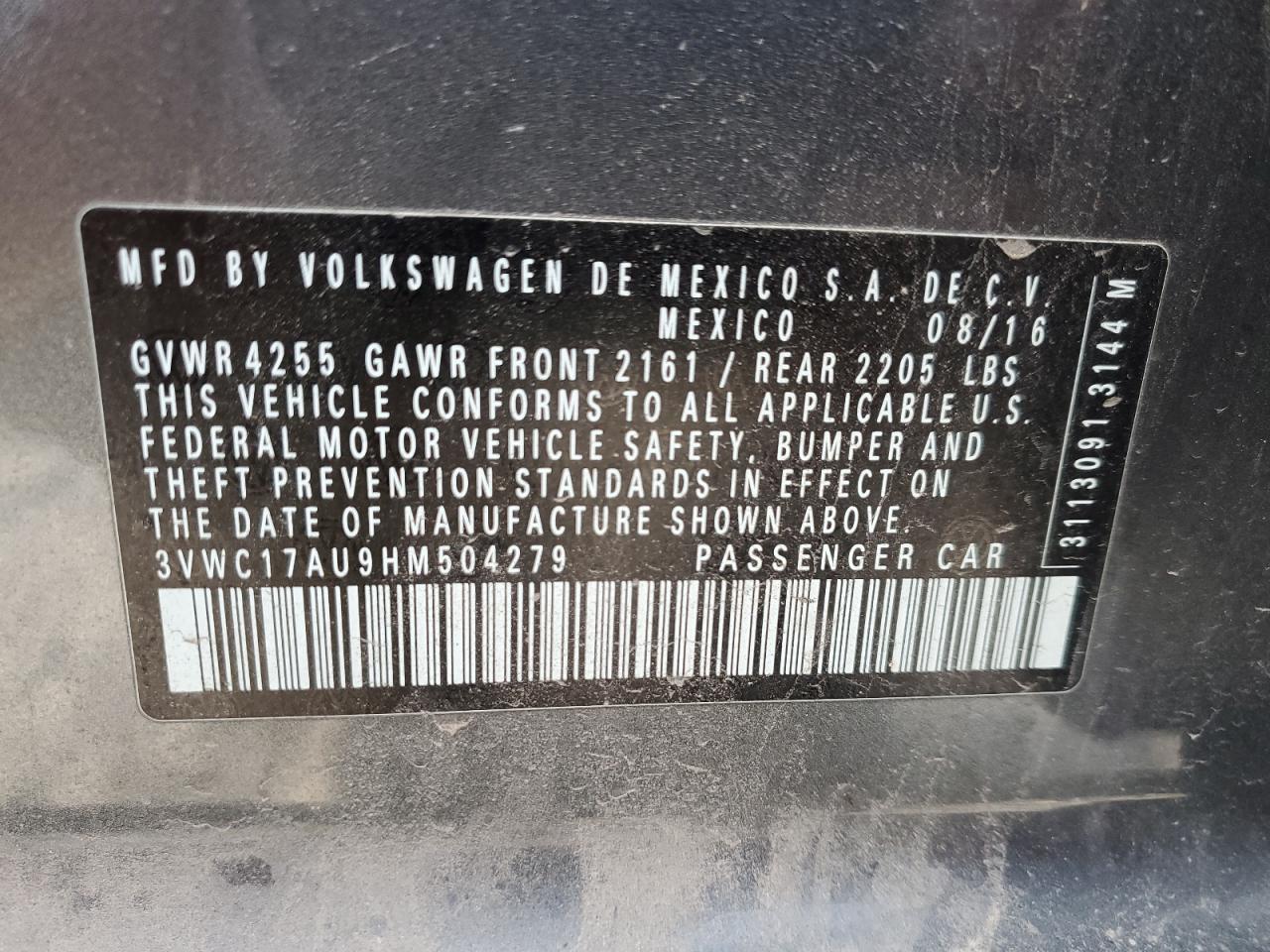 2017 Volkswagen Golf Sportwagen S VIN: 3VWC17AU9HM504279 Lot: 93566785