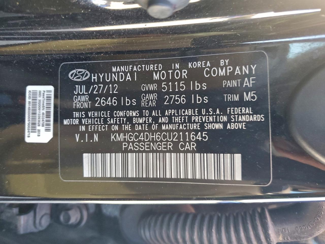 2012 Hyundai Genesis 5.0L VIN: KMHGC4DH6CU211645 Lot: 94557985