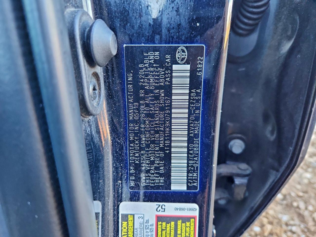 2019 Toyota Camry L VIN: 4T1B11HK9KU791167 Lot: 94854265