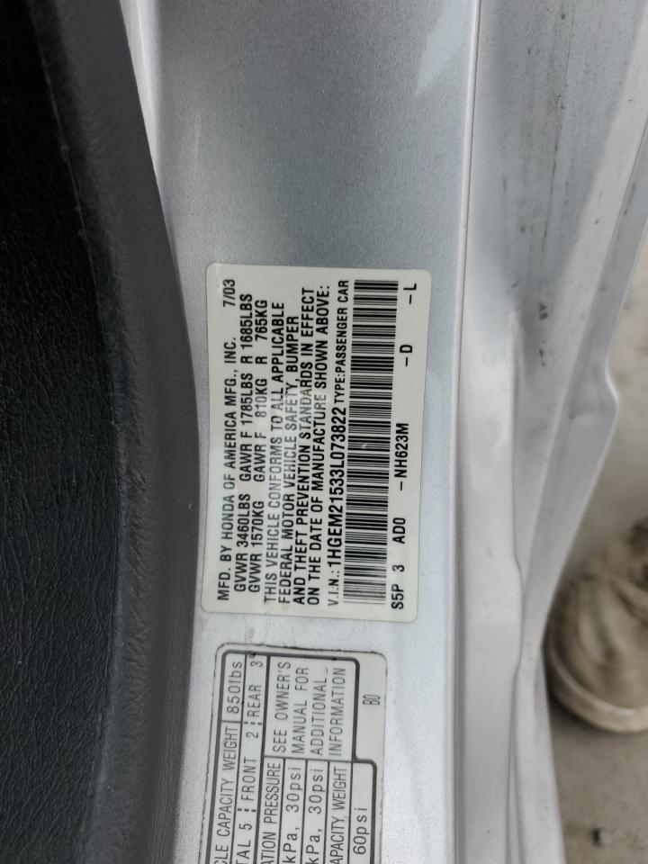 2003 Honda Civic Lx VIN: 1HGEM21533L073822 Lot: 92166345