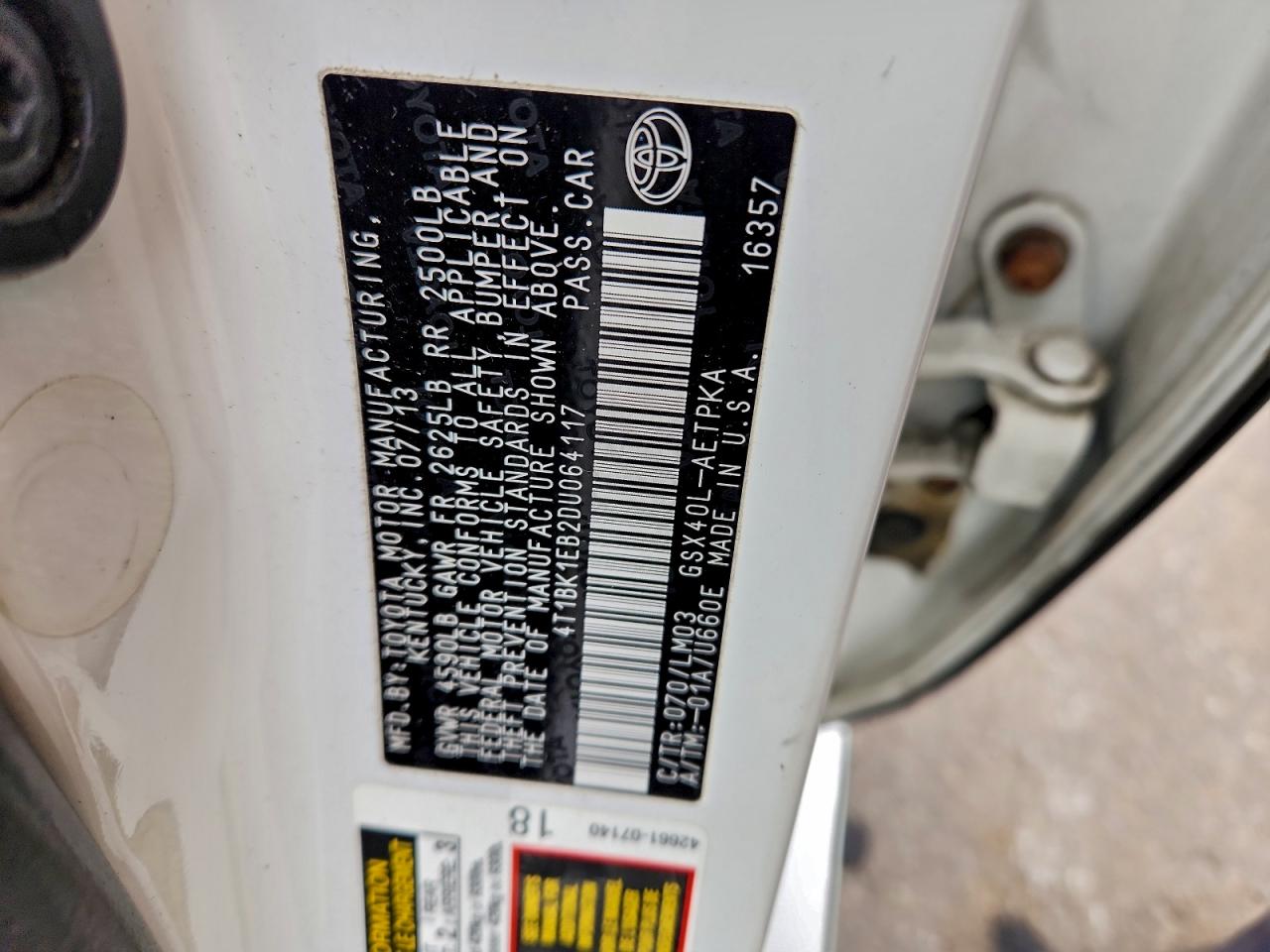 2013 Toyota Avalon Base VIN: 4T1BK1EB2DU064117 Lot: 93686775