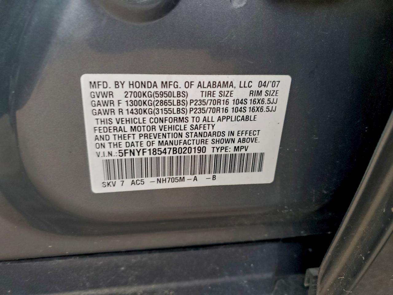 2007 Honda Pilot Exl VIN: 5FNYF18547B020190 Lot: 94502415