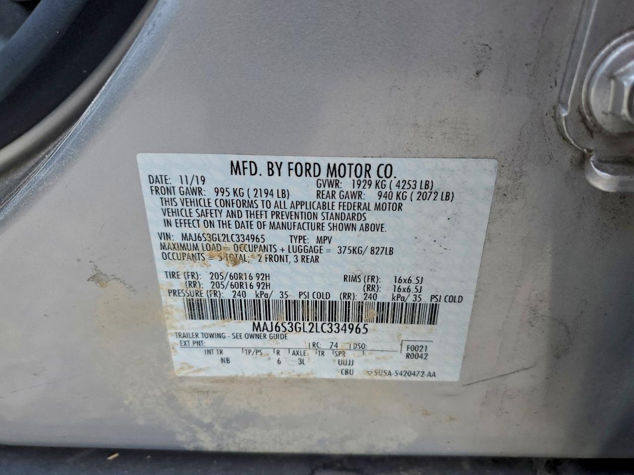 2020 Ford Ecosport Se VIN: MAJ6S3GL2LC334965 Lot: 94091385