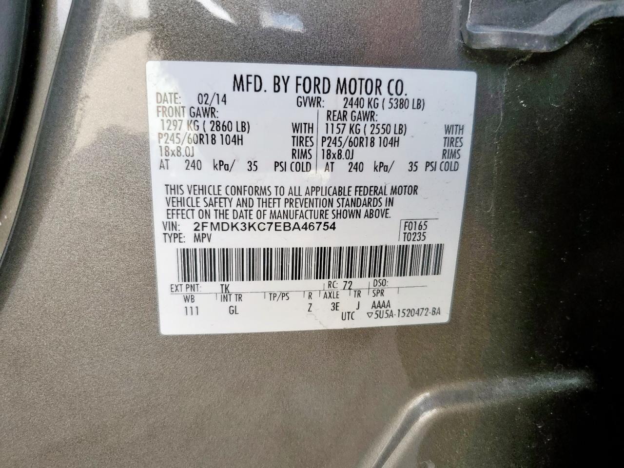 2014 Ford Edge Limited VIN: 2FMDK3KC7EBA46754 Lot: 93136365