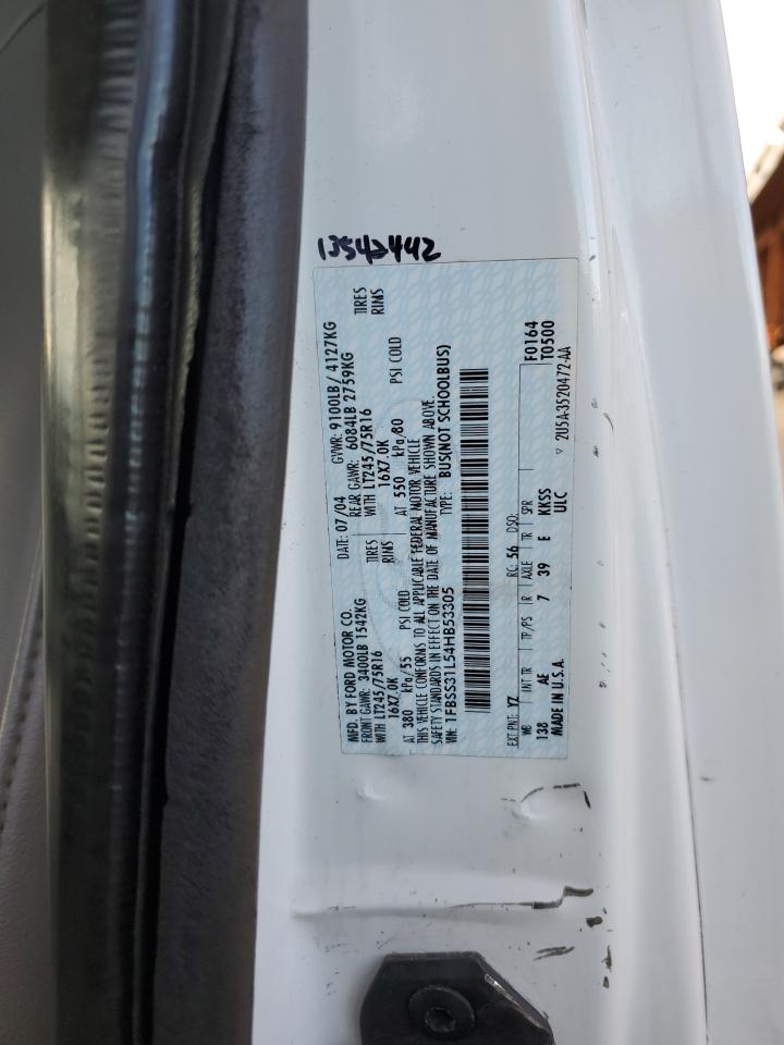 2004 Ford Econoline E350 Super Duty Wagon VIN: 1FBSS31L54HB53305 Lot: 92125385