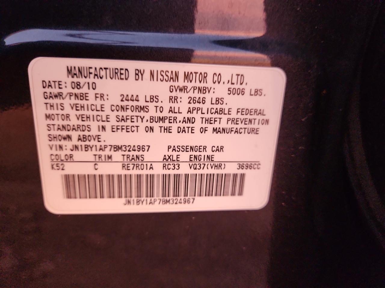 2011 Infiniti M37 VIN: JN1BY1AP7BM324967 Lot: 91103845