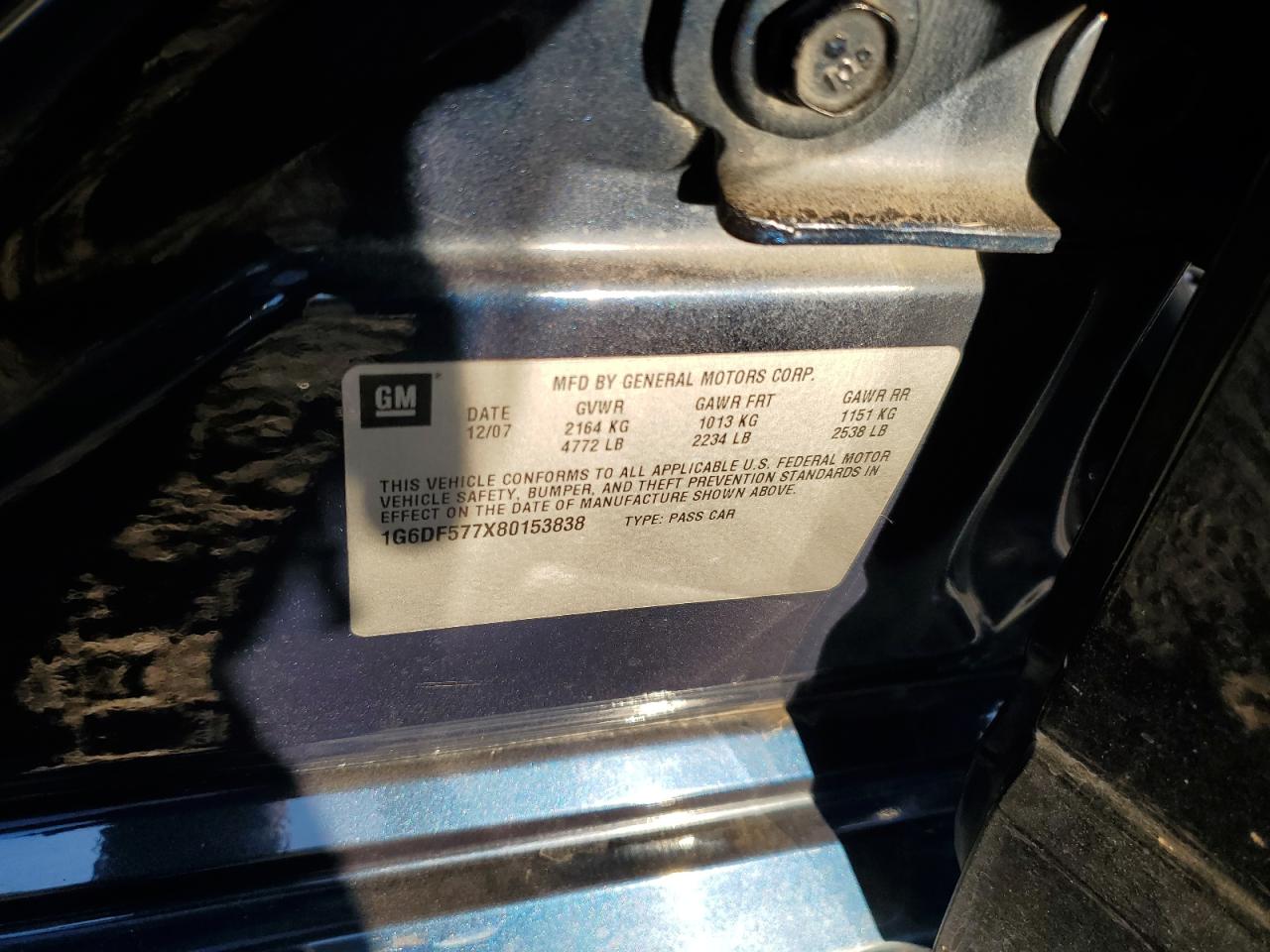 2008 Cadillac Cts VIN: 1G6DF577X80153838 Lot: 92283085