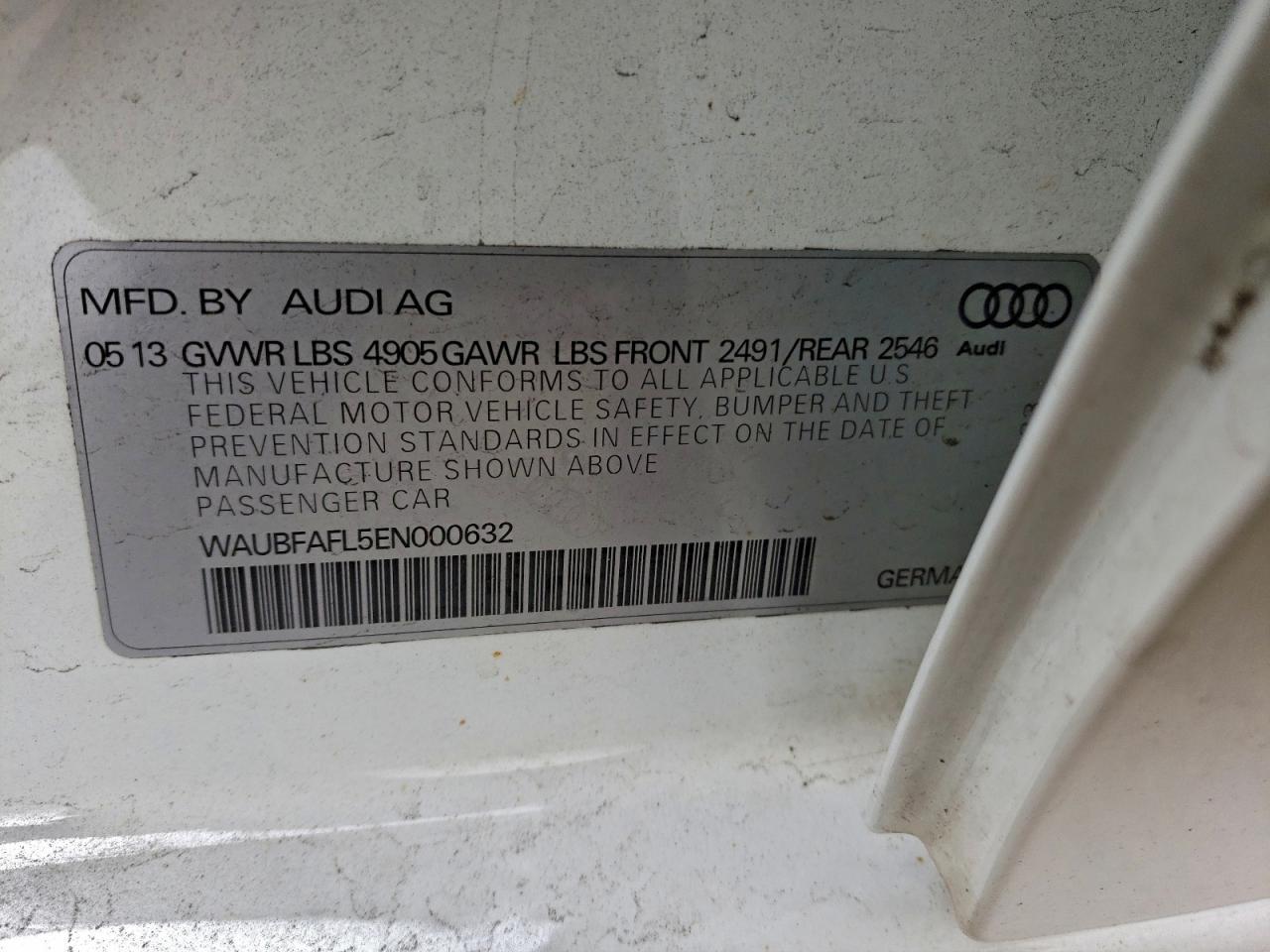 2014 Audi A4 Premium VIN: WAUBFAFL5EN000632 Lot: 93760645